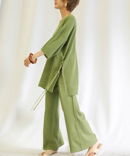 マカマカ　Kaolele　パンツ　トップス（グリーン）セットアップ select MOCA（セレクトモカ）の「リブサイド編みセットアップ/ラウンド