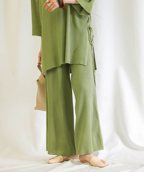 リブサイド編みセットアップ/ラウンドネックリブトップス＆ウエスト