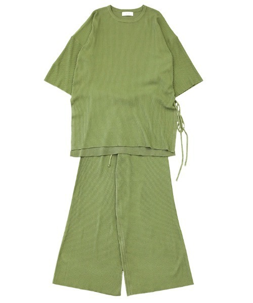 select MOCA（セレクトモカ）の「リブサイド編みセットアップ/ラウンドネックリブトップス＆ウエストゴムワイドパンツ（セットアップ・レディース・ブラック/ライトグリーン/アイボリー・FREE）」の22枚目の写真