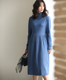 ハイネックウエスト切り替えプリーツニットワンピース
