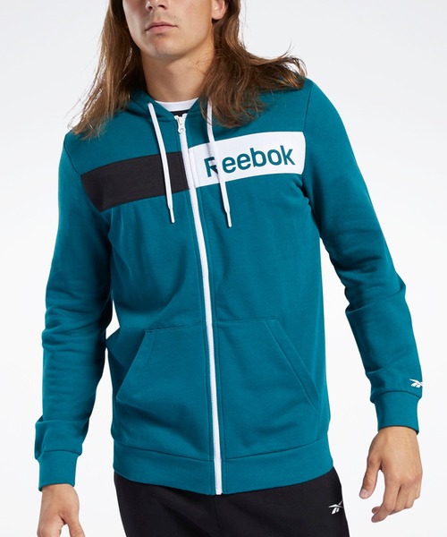 Reebok(リーボック)の「トレーニング エッセンシャルズ リニア ロゴ フーディー / Training Essentials Linear Logo Hoodie(パーカー・メンズ・ターコイズブルー/ブラック・SMALL/MEDIUM/LARGE/X-LARGE/XX-LARGE/X-SMALL/XXX-LARGE)」の1枚目の写真