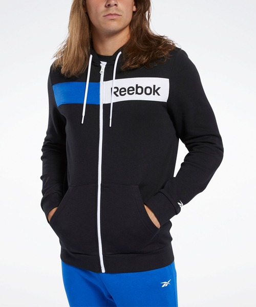 Reebok(リーボック)の「トレーニング エッセンシャルズ リニア ロゴ フーディー / Training Essentials Linear Logo Hoodie(パーカー・メンズ・ターコイズブルー/ブラック・SMALL/MEDIUM/LARGE/X-LARGE/XX-LARGE/X-SMALL/XXX-LARGE)」の2枚目の写真