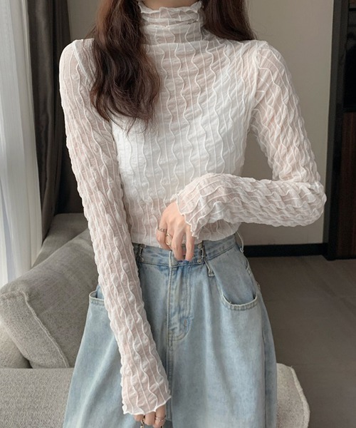 DAY CLOSET(デイ クローゼット)の「レディース メロウフリルの長袖シアータートルネック(シャツ/ブラウス・レディース・チャコールグレー/アイボリー/ブラック/ホワイト・ONE SIZE)」の2枚目の写真