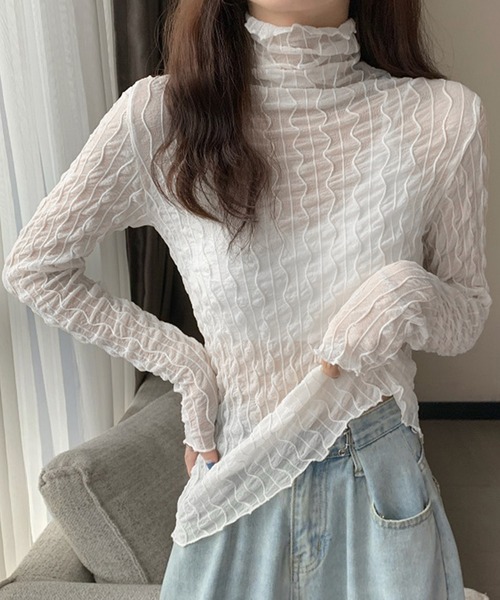 DAY CLOSET(デイ クローゼット)の「レディース メロウフリルの長袖シアータートルネック(シャツ/ブラウス・レディース・チャコールグレー/アイボリー/ブラック/ホワイト・ONE SIZE)」の5枚目の写真