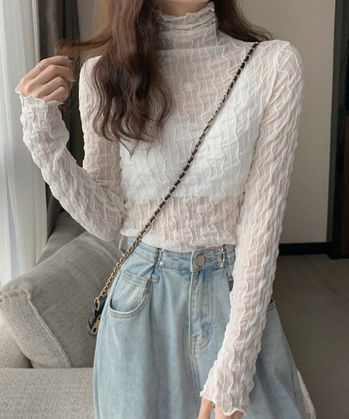 DAY CLOSET(デイ クローゼット)の「レディース メロウフリルの長袖シアータートルネック(シャツ/ブラウス・レディース・チャコールグレー/アイボリー/ブラック/ホワイト・ONE SIZE)」の6枚目の写真