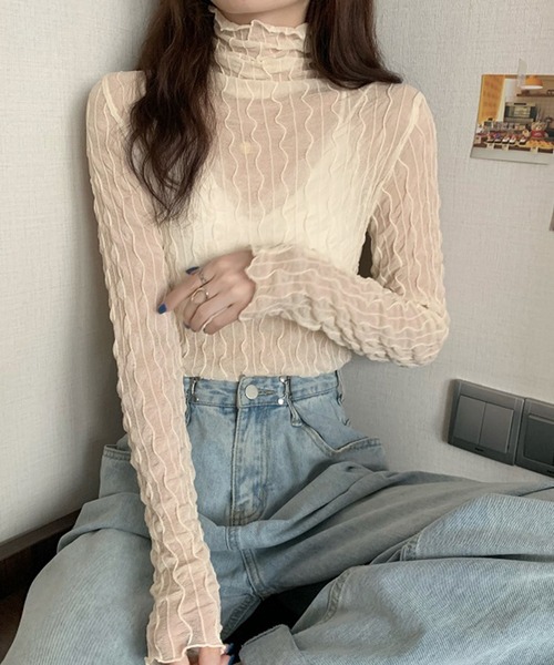 DAY CLOSET(デイ クローゼット)の「レディース メロウフリルの長袖シアータートルネック(シャツ/ブラウス・レディース・チャコールグレー/アイボリー/ブラック/ホワイト・ONE SIZE)」の7枚目の写真