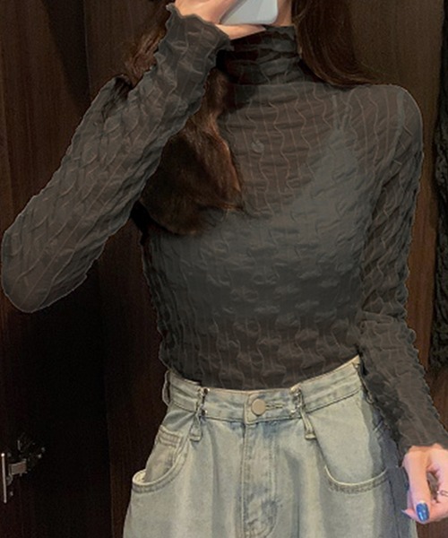 DAY CLOSET(デイ クローゼット)の「レディース メロウフリルの長袖シアータートルネック(シャツ/ブラウス・レディース・チャコールグレー/アイボリー/ブラック/ホワイト・ONE SIZE)」の10枚目の写真