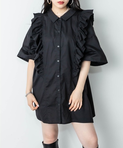 RASVOA(ラスボア)の「ビッグフリルシャツワンピース(シャツワンピース・レディース・オフホワイト/ブラック・FREE)」の1枚目の写真