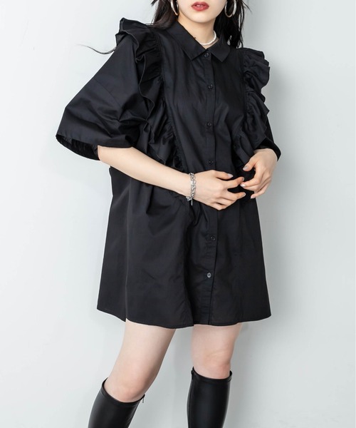 RASVOA(ラスボア)の「ビッグフリルシャツワンピース(シャツワンピース・レディース・オフホワイト/ブラック・FREE)」の10枚目の写真