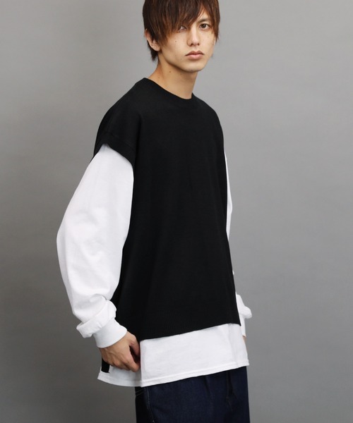 Air Tokyo（エアートウキョー）の「オーバーサイズ クルーネック サイドスリット ニットベスト（ベスト・メンズ・ブラック/ベージュ/グレー・FREE）」の4枚目の写真