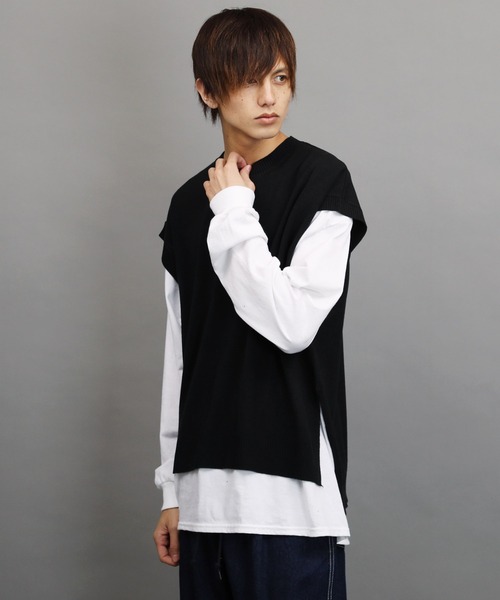 Air Tokyo（エアートウキョー）の「オーバーサイズ クルーネック サイドスリット ニットベスト（ベスト・メンズ・ブラック/ベージュ/グレー・FREE）」の10枚目の写真