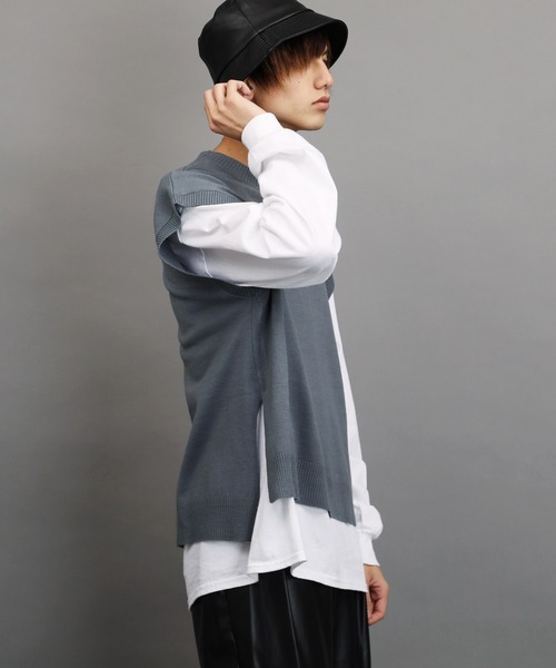 Air Tokyo（エアートウキョー）の「オーバーサイズ クルーネック サイドスリット ニットベスト（ベスト・メンズ・ブラック/ベージュ/グレー・FREE）」の12枚目の写真