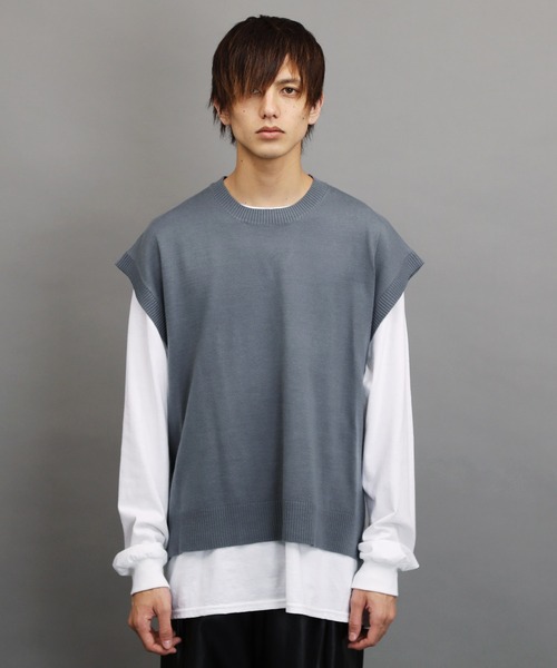 Air Tokyo（エアートウキョー）の「オーバーサイズ クルーネック サイドスリット ニットベスト（ベスト・メンズ・ブラック/ベージュ/グレー・FREE）」の9枚目の写真