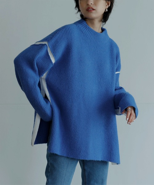 miette(ミエット)の「配色ラインサイドスリットニット(ニット/セーター・レディース・グリーン/グレー/ブラック/ブルー・FREE)」の4枚目の写真