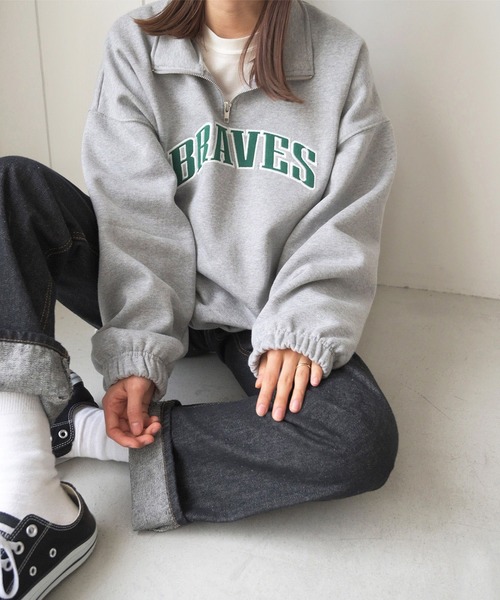 CANAL JEAN(キャナルジーン)の「via j(ヴィアジェイ) "BRAVES"ハーフZIP裏起毛プルオーバー(スウェット・レディース・ブルー/クリーム/ヘザーグレー・ONE SIZE)」の7枚目の写真