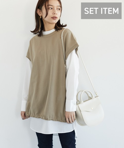 Green Parks(グリーンパークス)の「SET2点 ミニ裏毛+シャツチュニック*(Tシャツ/カットソー・レディース・ブラック/ベージュ/杢グレー・FREE)」の3枚目の写真