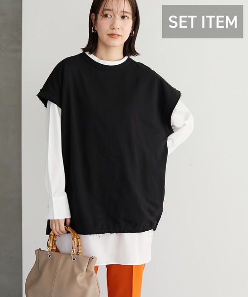 Green Parks(グリーンパークス)の「SET2点 ミニ裏毛+シャツチュニック*(Tシャツ/カットソー・レディース・ブラック/ベージュ/杢グレー・FREE)」の1枚目の写真