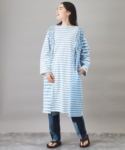 TOBILA（トビラ）の「ミックスボーダー リメイク バスクＴシャツワンピース（ワンピース・レディース・ブラック/ライム/ブルー・M）」の14枚目の写真