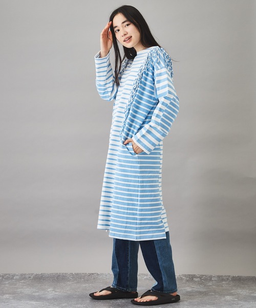 TOBILA（トビラ）の「ミックスボーダー リメイク バスクＴシャツワンピース（ワンピース・レディース・ブラック/ライム/ブルー・M）」の15枚目の写真