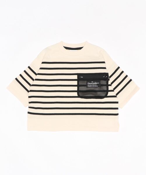 GROOVY COLORS（グルービーカラーズ）の「天竺ボーダー ワイドシルエット ポケット Tシャツ（Tシャツ/カットソー・キッズ・ブラック/アイボリー・110/120/100）」の3枚目の写真