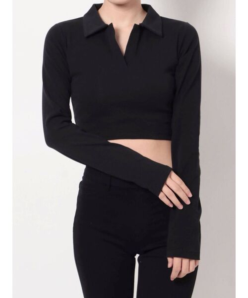 EMODA（エモダ）の「スキッパークロップトップ（Tシャツ/カットソー・レディース・ホワイト/ブラック/ライム/ブルー・FREE）」の3枚目の写真