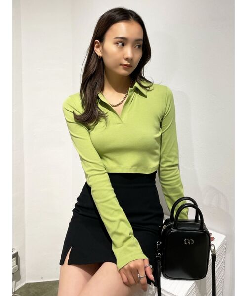 EMODA（エモダ）の「スキッパークロップトップ（Tシャツ/カットソー・レディース・ホワイト/ブラック/ライム/ブルー・FREE）」の5枚目の写真