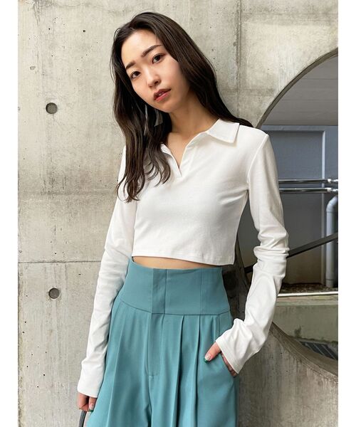 EMODA（エモダ）の「スキッパークロップトップ（Tシャツ/カットソー・レディース・ホワイト/ブラック/ライム/ブルー・FREE）」の16枚目の写真