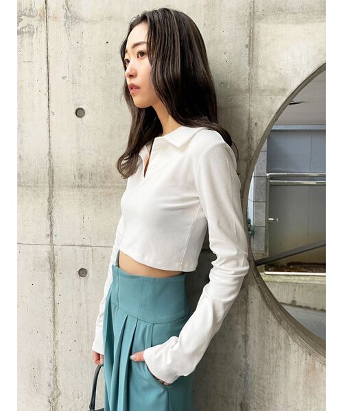 EMODA（エモダ）の「スキッパークロップトップ（Tシャツ/カットソー・レディース・ホワイト/ブラック/ライム/ブルー・FREE）」の17枚目の写真