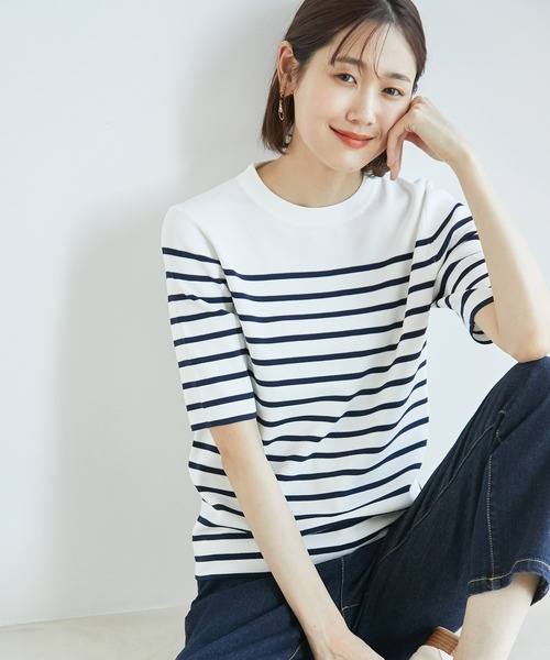 ROPE' PICNIC（ロペピクニック）の「Beauty knit/ハーフスリーブニットトップス/WEB限定カラーあり（ニット/セーター・レディース・ブラック/オフホワイト/ホワイト系その他5/ベージュ/グリーン/オレンジ/ブルー系その他/ボルドー/クリーム/ブラウン/サックスブルー・38）」の3枚目の写真