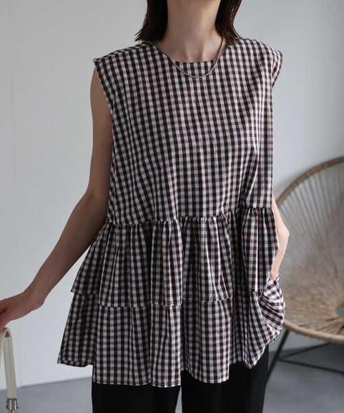 sakishimatokyo（サキシマトーキョー）の「【選べる柄】ノースリーブ ティアードチュニック/ギンガムチェック（チュニック・レディース・ホワイト/ブラック/オレンジ/ピンク/オフホワイト/ブラック系その他/ブラウン系その他/ブラック系その他2/ブルー・FREE）」の6枚目の写真