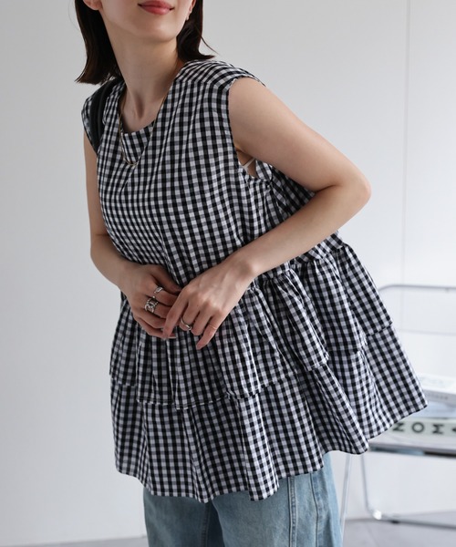 sakishimatokyo（サキシマトーキョー）の「【選べる柄】ノースリーブ ティアードチュニック/ギンガムチェック（チュニック・レディース・ホワイト/ブラック/オレンジ/ピンク/オフホワイト/ブラック系その他/ブラウン系その他/ブラック系その他2/ブルー・FREE）」の18枚目の写真