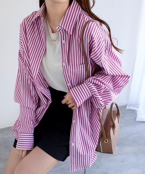 andme（アンドミー）の「カラーストライプ長袖シャツブラウス（シャツ/ブラウス・レディース・ホワイト×グリーン/ホワイト×ピンク/ホワイト×ライトグレー/ホワイト×イエロー/ホワイト×ブルー/ホワイト×パープル/キャメル・M/L）」の3枚目の写真