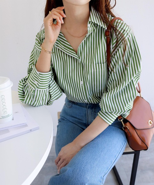 andme（アンドミー）の「カラーストライプ長袖シャツブラウス（シャツ/ブラウス・レディース・ホワイト×グリーン/ホワイト×ピンク/ホワイト×ライトグレー/ホワイト×イエロー/ホワイト×ブルー/ホワイト×パープル/キャメル・M/L）」の19枚目の写真