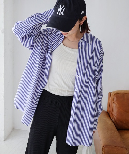 andme（アンドミー）の「カラーストライプ長袖シャツブラウス（シャツ/ブラウス・レディース・ホワイト×グリーン/ホワイト×ピンク/ホワイト×ライトグレー/ホワイト×イエロー/ホワイト×ブルー/ホワイト×パープル/キャメル・M/L）」の11枚目の写真