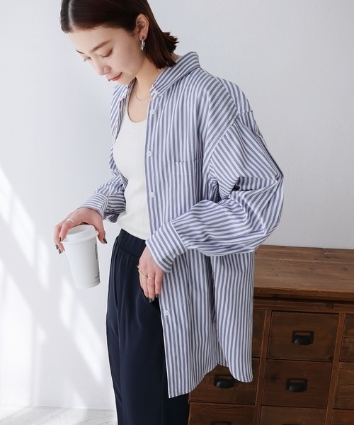 andme（アンドミー）の「カラーストライプ長袖シャツブラウス（シャツ/ブラウス・レディース・ホワイト×グリーン/ホワイト×ピンク/ホワイト×ライトグレー/ホワイト×イエロー/ホワイト×ブルー/ホワイト×パープル/キャメル・M/L）」の8枚目の写真