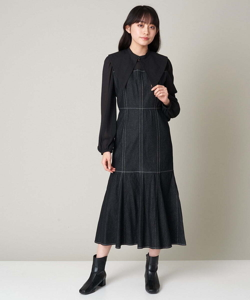 A de a.v.v（アードアー・ヴェ・ヴェ）の「襟付きシフォンドッキングデニムマーメイドワンピ―ス（ワンピース・レディース・ブルー/チャコールグレー・36/38）」の18枚目の写真