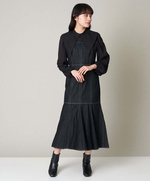 A de a.v.v（アードアー・ヴェ・ヴェ）の「襟付きシフォンドッキングデニムマーメイドワンピ―ス（ワンピース・レディース・ブルー/チャコールグレー・36/38）」の7枚目の写真