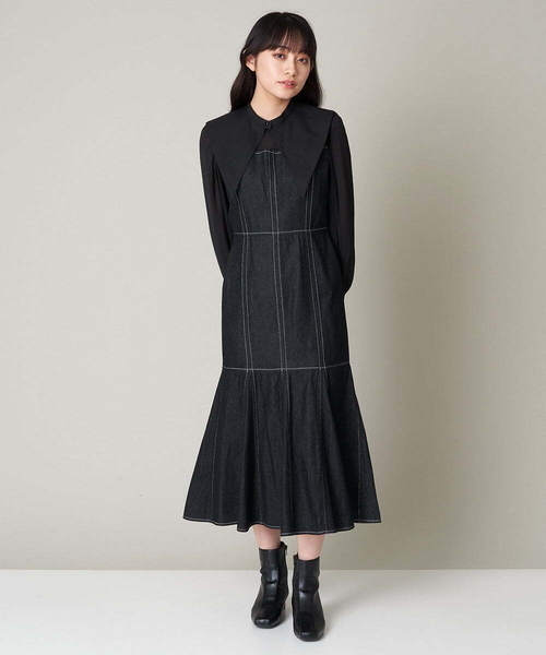 A de a.v.v（アードアー・ヴェ・ヴェ）の「襟付きシフォンドッキングデニムマーメイドワンピ―ス（ワンピース・レディース・ブルー/チャコールグレー・36/38）」の10枚目の写真
