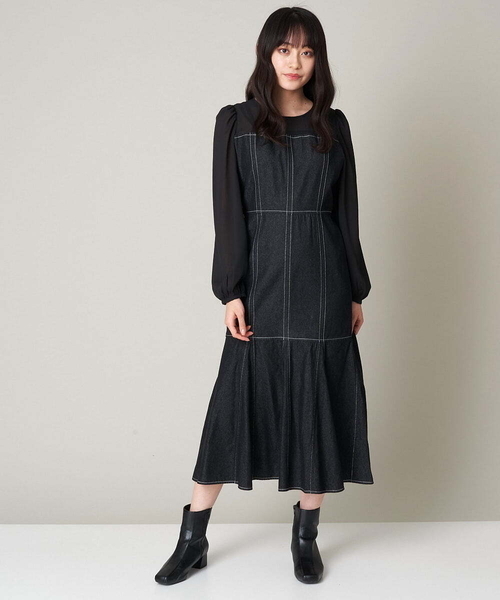 A de a.v.v（アードアー・ヴェ・ヴェ）の「襟付きシフォンドッキングデニムマーメイドワンピ―ス（ワンピース・レディース・ブルー/チャコールグレー・36/38）」の14枚目の写真