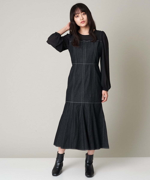 A de a.v.v（アードアー・ヴェ・ヴェ）の「襟付きシフォンドッキングデニムマーメイドワンピ―ス（ワンピース・レディース・ブルー/チャコールグレー・36/38）」の12枚目の写真