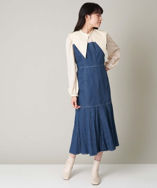 A de a.v.v（アードアー・ヴェ・ヴェ）の「襟付きシフォンドッキングデニムマーメイドワンピ―ス（ワンピース・レディース・ブルー/チャコールグレー・36/38）」の5枚目の写真
