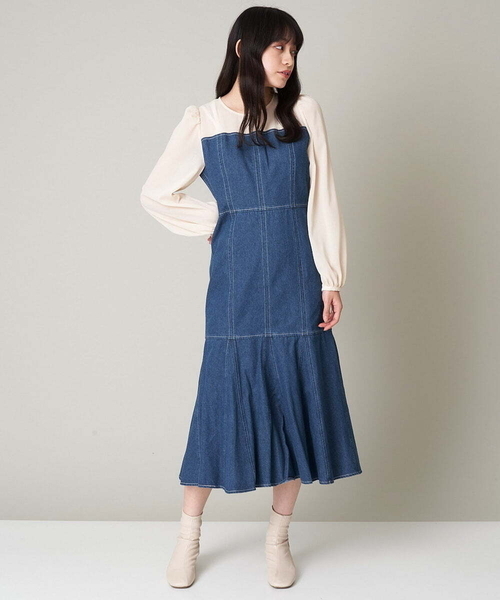 A de a.v.v（アードアー・ヴェ・ヴェ）の「襟付きシフォンドッキングデニムマーメイドワンピ―ス（ワンピース・レディース・ブルー/チャコールグレー・36/38）」の8枚目の写真