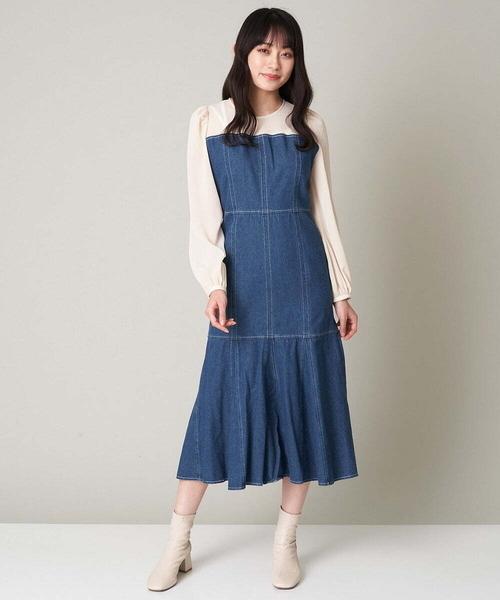 A de a.v.v（アードアー・ヴェ・ヴェ）の「襟付きシフォンドッキングデニムマーメイドワンピ―ス（ワンピース・レディース・ブルー/チャコールグレー・36/38）」の11枚目の写真