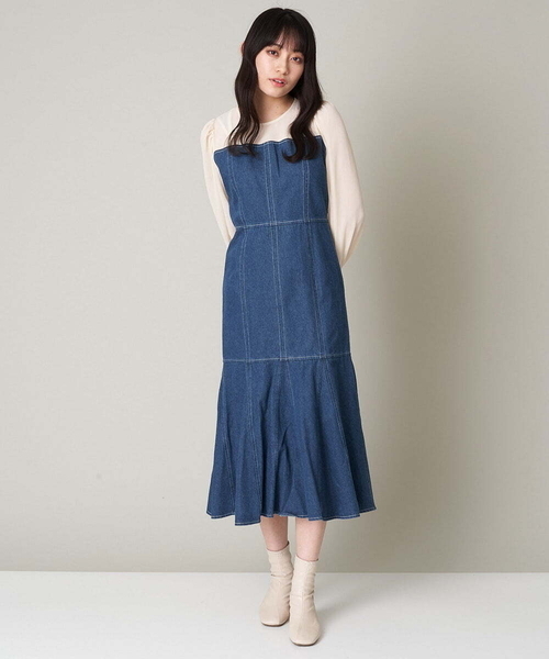 A de a.v.v（アードアー・ヴェ・ヴェ）の「襟付きシフォンドッキングデニムマーメイドワンピ―ス（ワンピース・レディース・ブルー/チャコールグレー・36/38）」の15枚目の写真