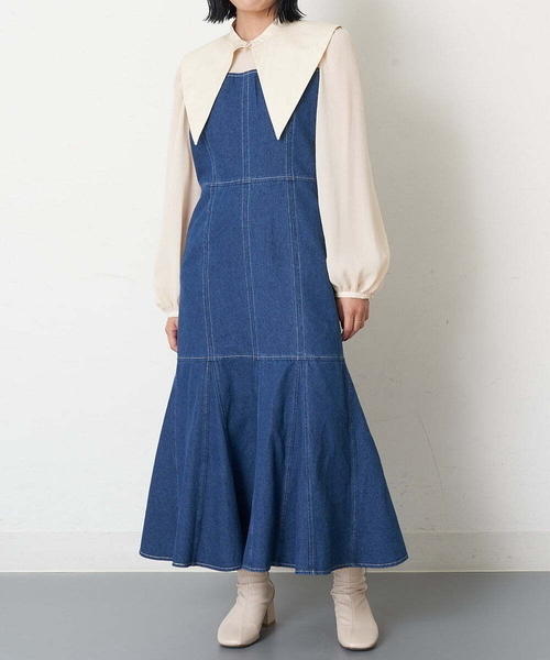 A de a.v.v（アードアー・ヴェ・ヴェ）の「襟付きシフォンドッキングデニムマーメイドワンピ―ス（ワンピース・レディース・ブルー/チャコールグレー・36/38）」の13枚目の写真