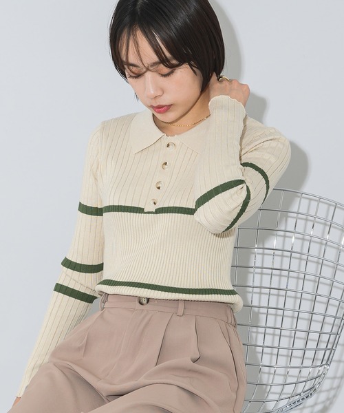 mebole（メボレ）の「ポイントラインバイカラーニットトップス（ニット/セーター・レディース・アイボリー/ブラック/ブルー・FREE）」の6枚目の写真