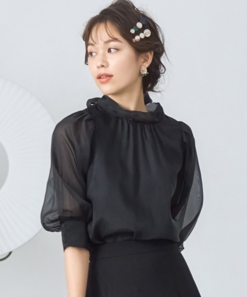 DRESS PLUS(ドレスプラス)の「ブラウス リボンカラー 七分袖 シアー素材 裏地付き(シャツ/ブラウス・レディース・グレイッシュブルー/ブラック/アイボリー/スモークピンク/グリーン・M/L)」の14枚目の写真