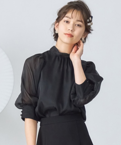 DRESS PLUS(ドレスプラス)の「ブラウス リボンカラー 七分袖 シアー素材 裏地付き(シャツ/ブラウス・レディース・グレイッシュブルー/ブラック/アイボリー/スモークピンク/グリーン・M/L)」の10枚目の写真