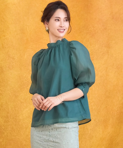 DRESS PLUS(ドレスプラス)の「ブラウス リボンカラー 七分袖 シアー素材 裏地付き(シャツ/ブラウス・レディース・グレイッシュブルー/ブラック/アイボリー/スモークピンク/グリーン・M/L)」の15枚目の写真