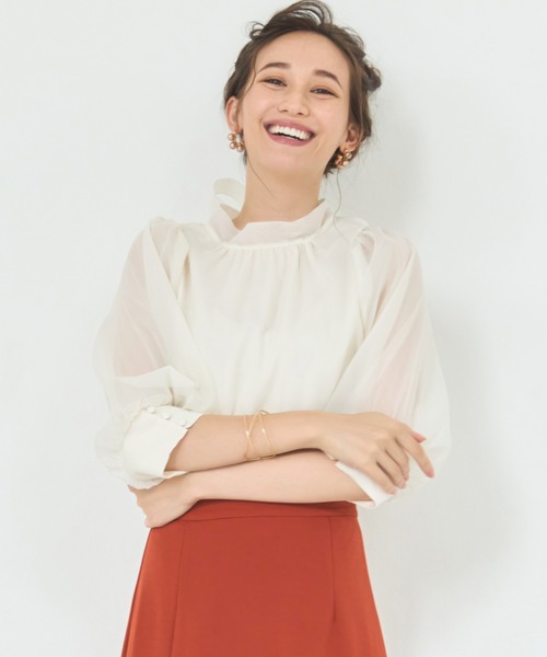 DRESS PLUS(ドレスプラス)の「ブラウス リボンカラー 七分袖 シアー素材 裏地付き(シャツ/ブラウス・レディース・グレイッシュブルー/ブラック/アイボリー/スモークピンク/グリーン・M/L)」の21枚目の写真